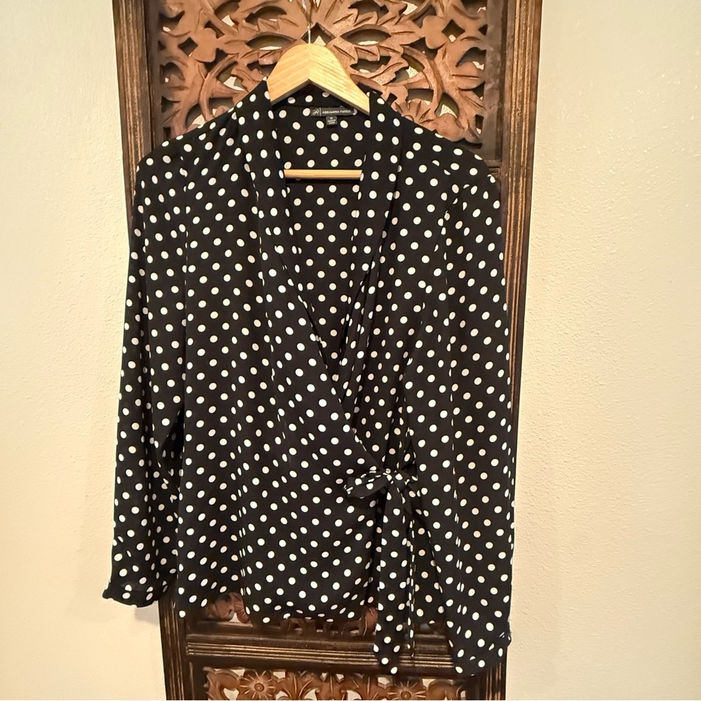 Adrianna Papell wrap Black Blouse with White Polka Dots